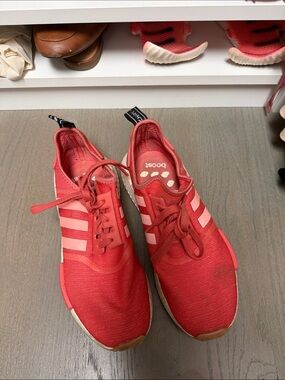 adidas NMDs Red Knit Running Sneakers with Three Stripes